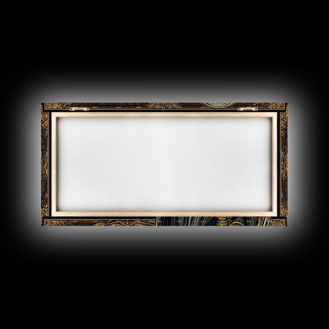 Skeleton Pointing to Ancient Arena Gold Canvas Art, Gothic Medieval Scene, Ornate Frame Design, Dark Fantasy Wall Decor