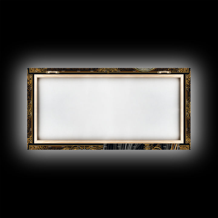 Skeleton Pointing to Ancient Arena Gold Canvas Art, Gothic Medieval Scene, Ornate Frame Design, Dark Fantasy Wall Decor