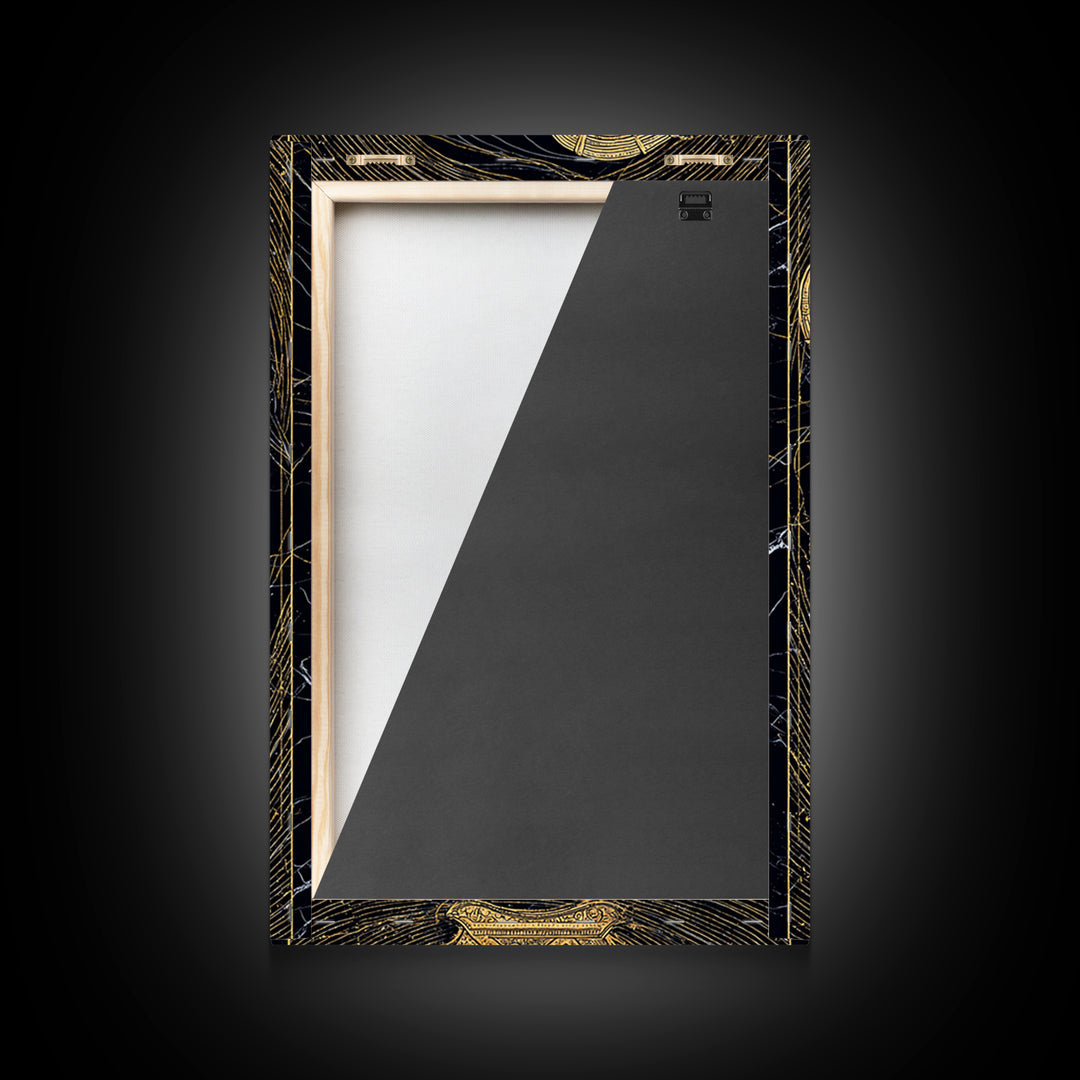 Golden Harp on Marble with Ornamental Lines – Canvas Gold Art, Canvas Art in Real Wood Frame, Classical Music Instrument Decor