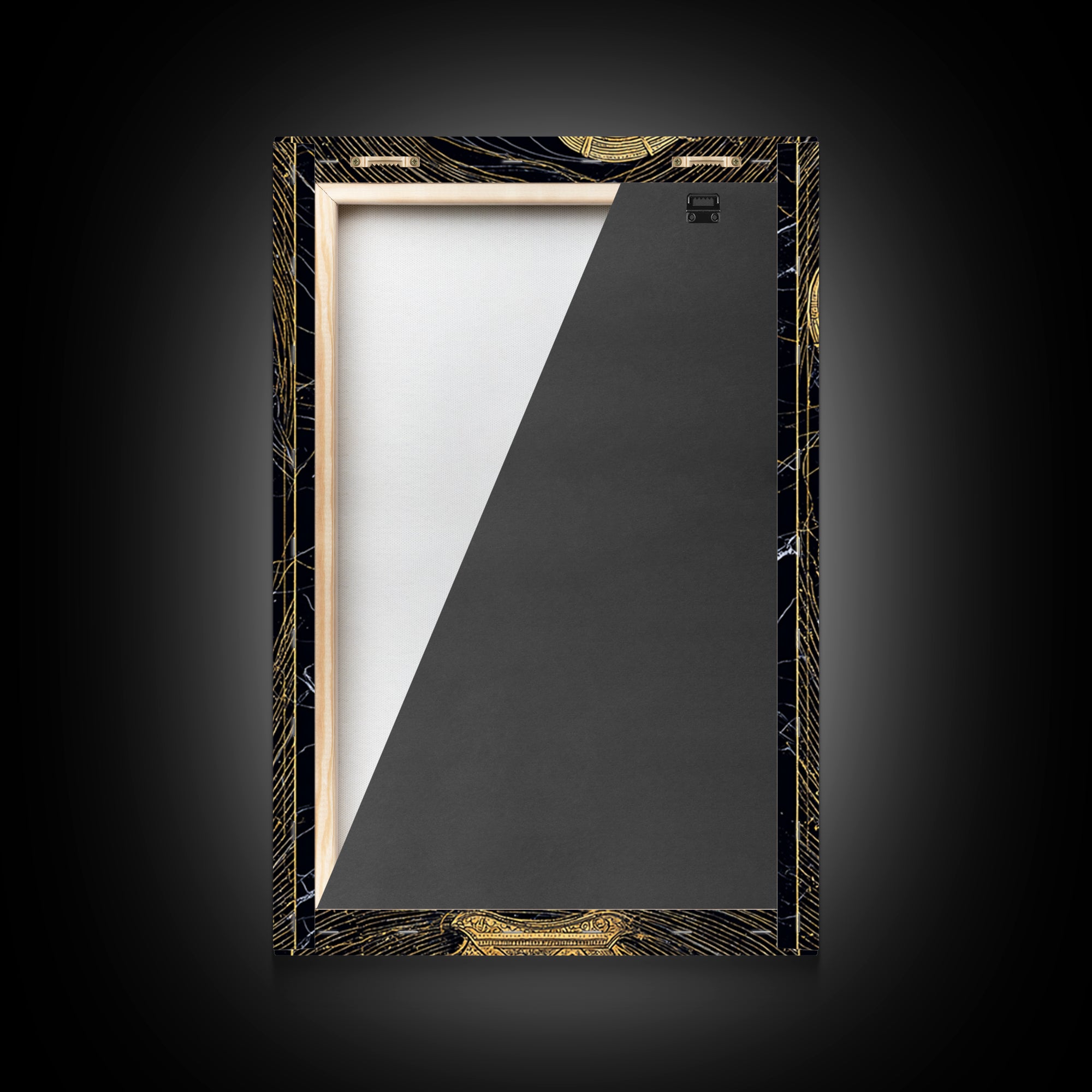 Golden Harp on Marble with Ornamental Lines – Canvas Gold Art, Canvas Art in Real Wood Frame, Classical Music Instrument Decor