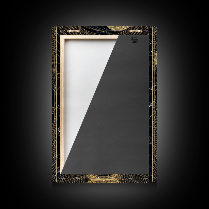Golden Harp on Marble with Ornamental Lines – Canvas Gold Art, Canvas Art in Real Wood Frame, Classical Music Instrument Decor
