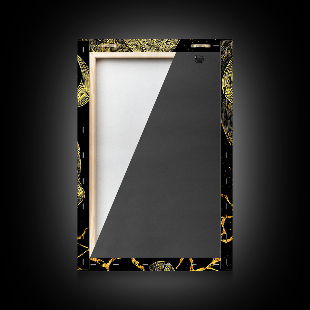 Charging Bull Canvas Gold Canvas Print, Framed Canvas Wall Art with Real Wood Frame, Dynamic Black and Gold Animal Decor