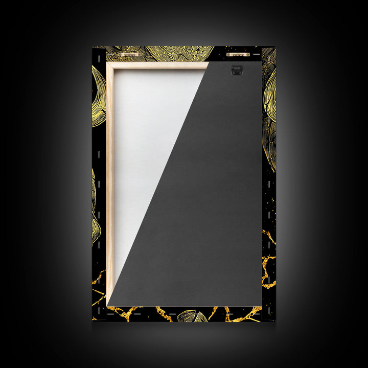 Charging Bull Canvas Gold Canvas Print, Framed Canvas Wall Art with Real Wood Frame, Dynamic Black and Gold Animal Decor