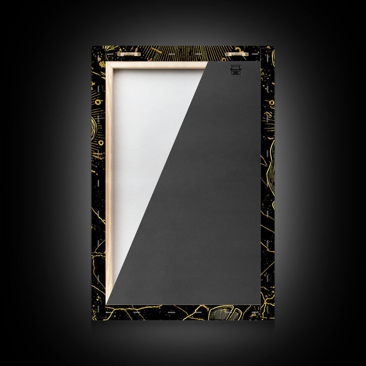 Taurus Bull Canvas Gold Canvas Print, Framed Canvas Wall Art with Real Wood Frame, Zodiac Sun Disc Black and Gold Gallery Decor