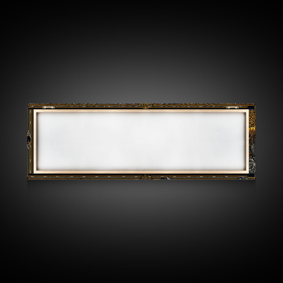 Mythological Temple Scene With Golden Bell, Classical Arches And Night Sky Artwork, Gold Canvas Print, Real Wood Frame