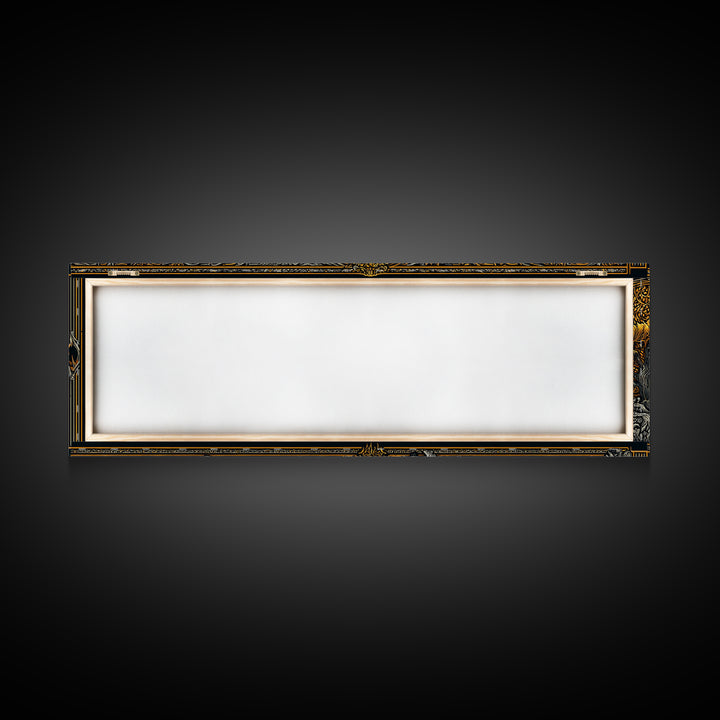 Mythological Temple Scene With Golden Bell, Classical Arches And Night Sky Artwork, Gold Canvas Print, Real Wood Frame