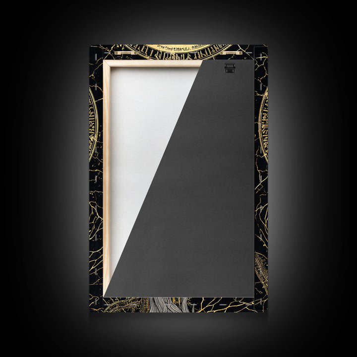 Norse God Odin Canvas Gold Art, Viking Mythology Canvas Art in natural wood frame, powerful Nordic wall art for office or man cave