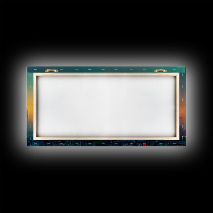 Cyberpunk city canvas art, video game concept art, living room wall art, dystopian art, outrun style city at sunset, man cave wall art