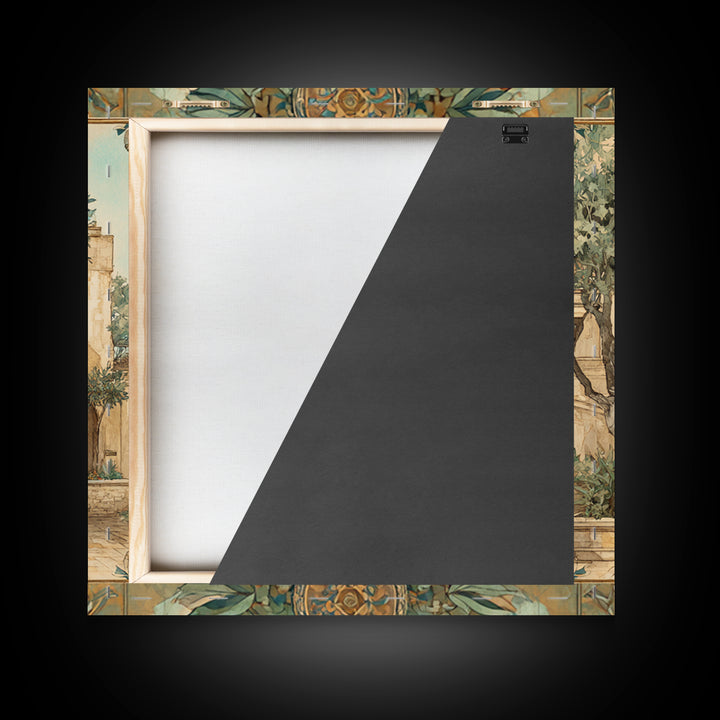 Olive Branch Wreath on Warm Plaster Framed Canvas Print, Patio Art, Statement Artwork, Patio Decor, Fine Art, Outdoor, PAT-1x1-57