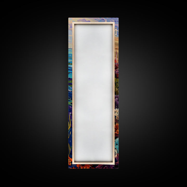 Long Narrow Botanical Coastal Art Print, Textured Canvas Beach Wall Art Framed, Colorful Beach House Decor, Abstract Wall Art Print