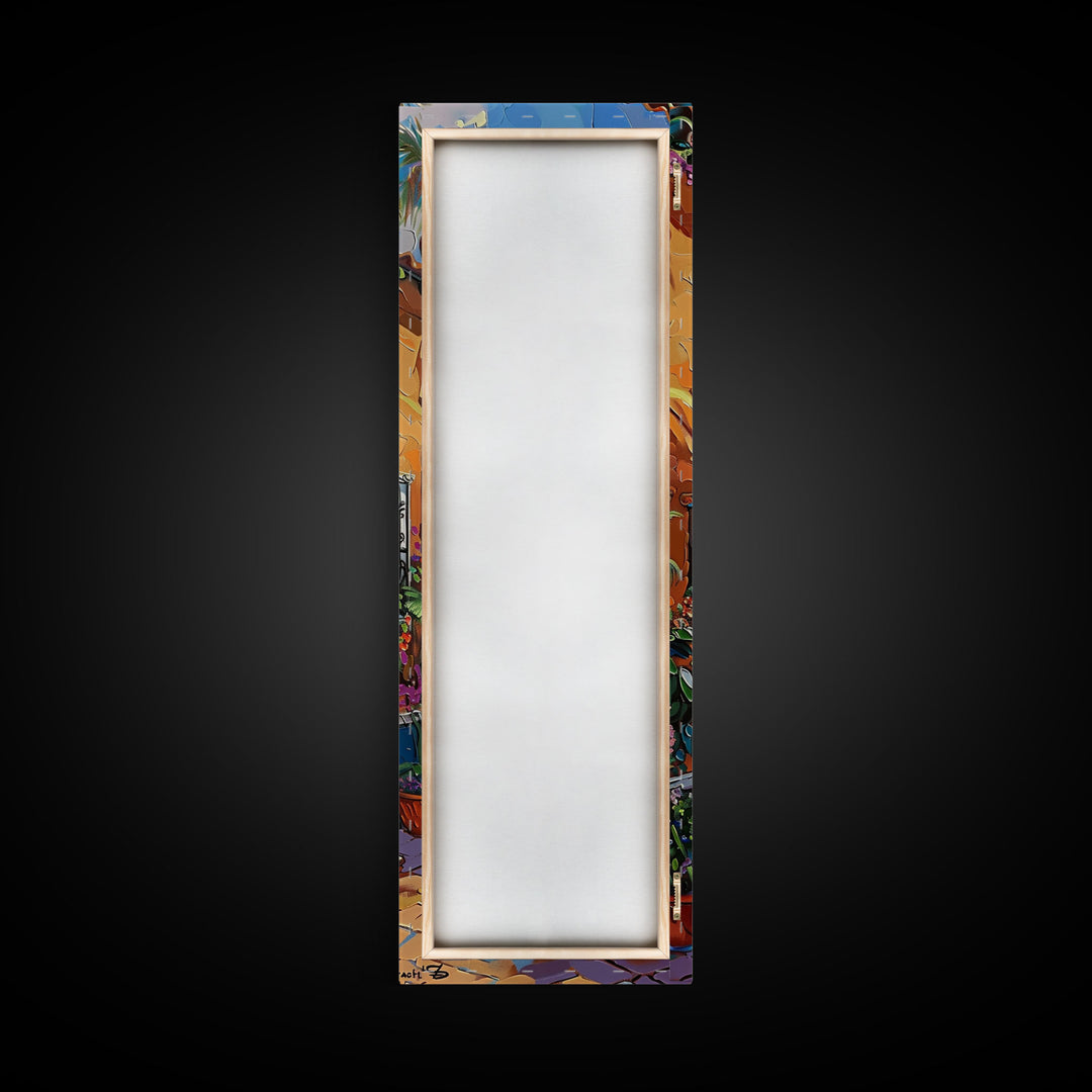 Spanish Inspired Acrylic Painting Framed and Printed on Canvas, Long and Narrow Vertical Art, Colorful Botanical Wall Art for Living Room