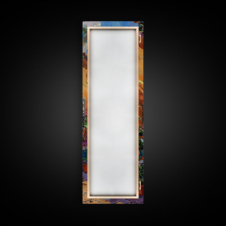 Spanish Inspired Acrylic Painting Framed and Printed on Canvas, Long and Narrow Vertical Art, Colorful Botanical Wall Art for Living Room