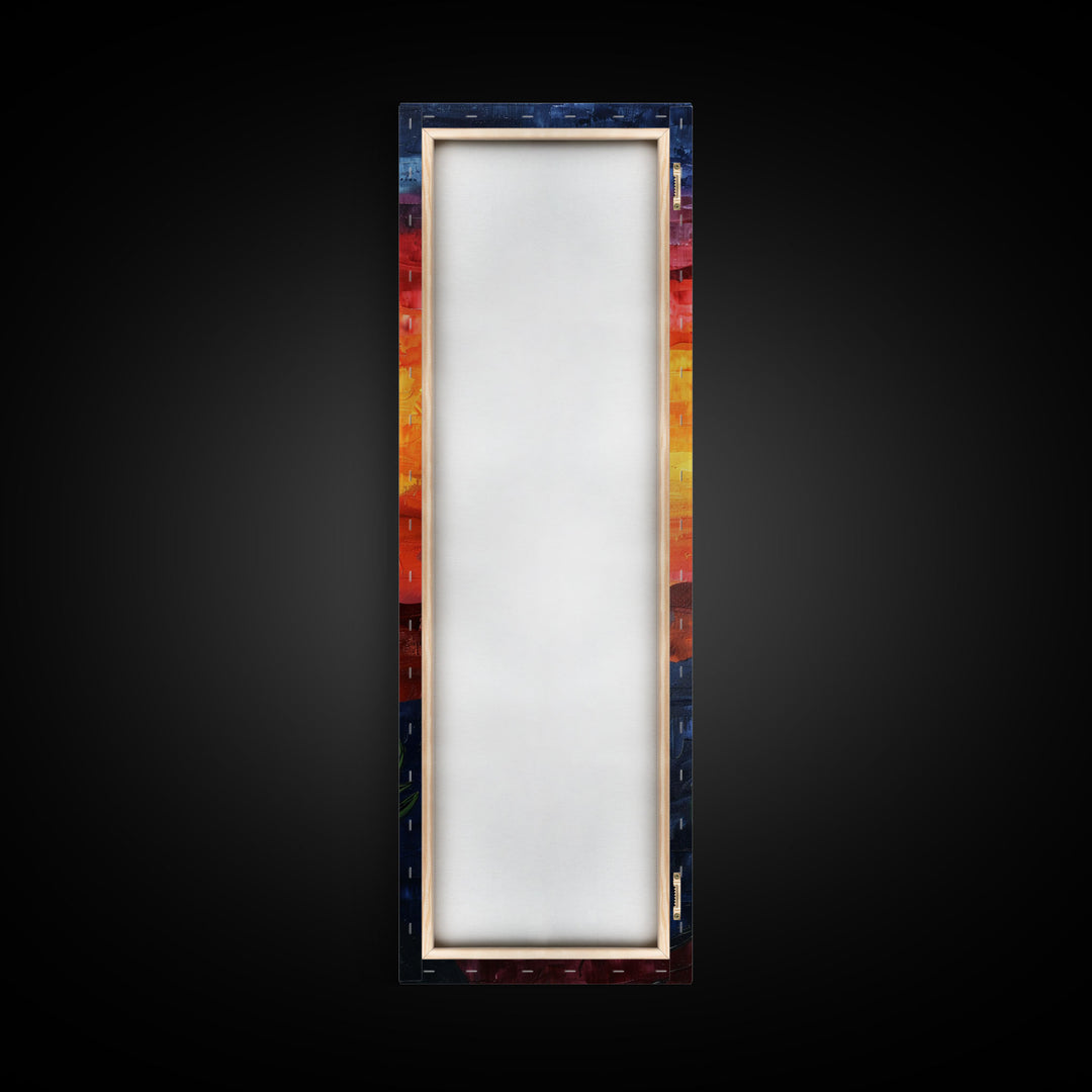 Desert Landscape with Saguaro Cactus Silhouette Against a Fiery Sunset on a Framed Canvas Print Skinny Art Piece