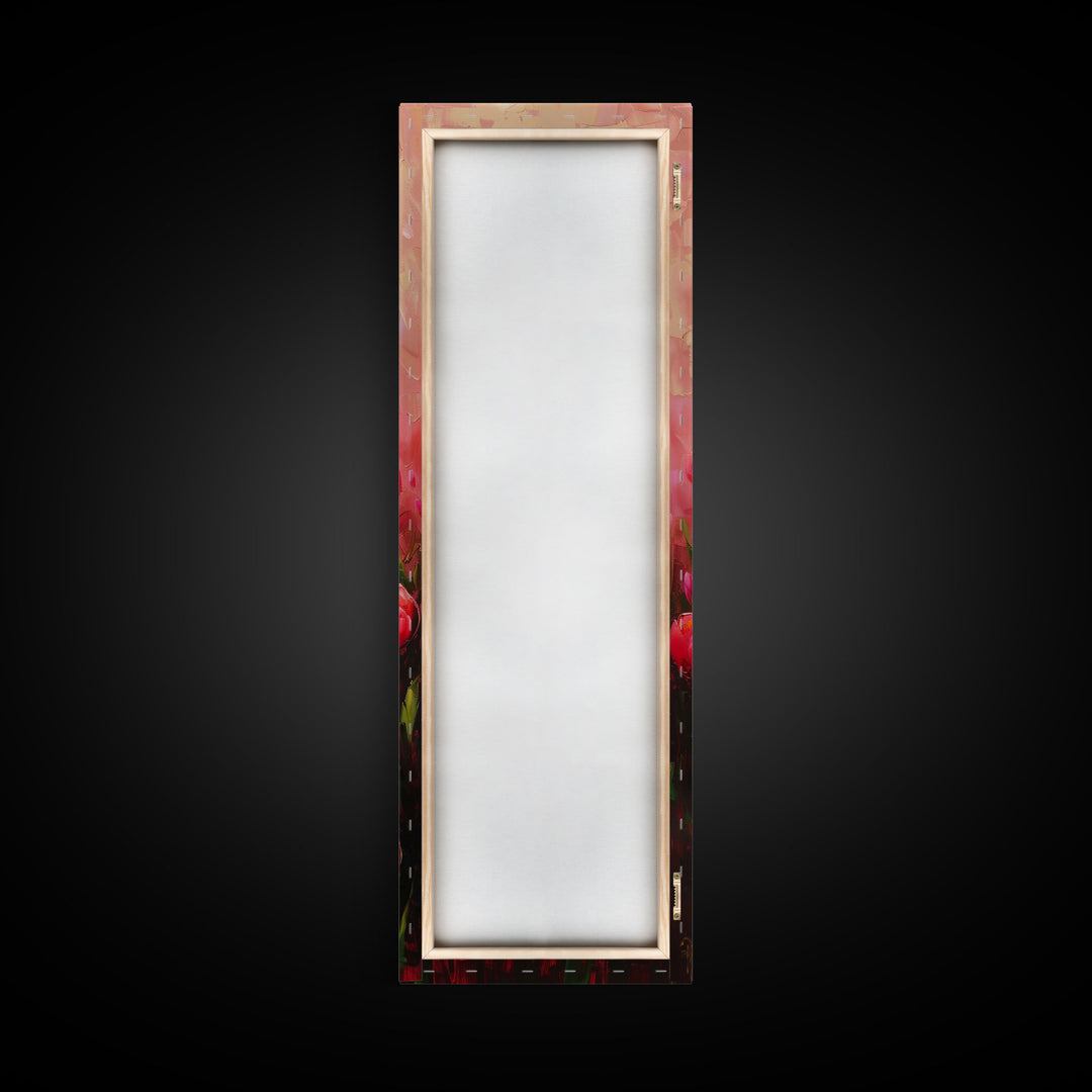 Vibrant Red Tulips in Bloom Against a Soft Pink Background on a Framed Canvas Print Skinny Art Piece