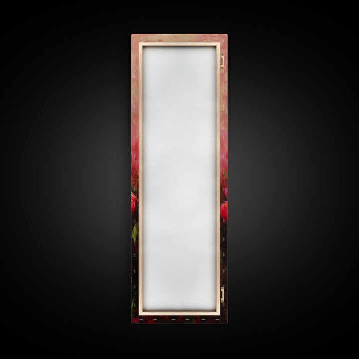 Vibrant Red Tulips in Bloom Against a Soft Pink Background on a Framed Canvas Print Skinny Art Piece
