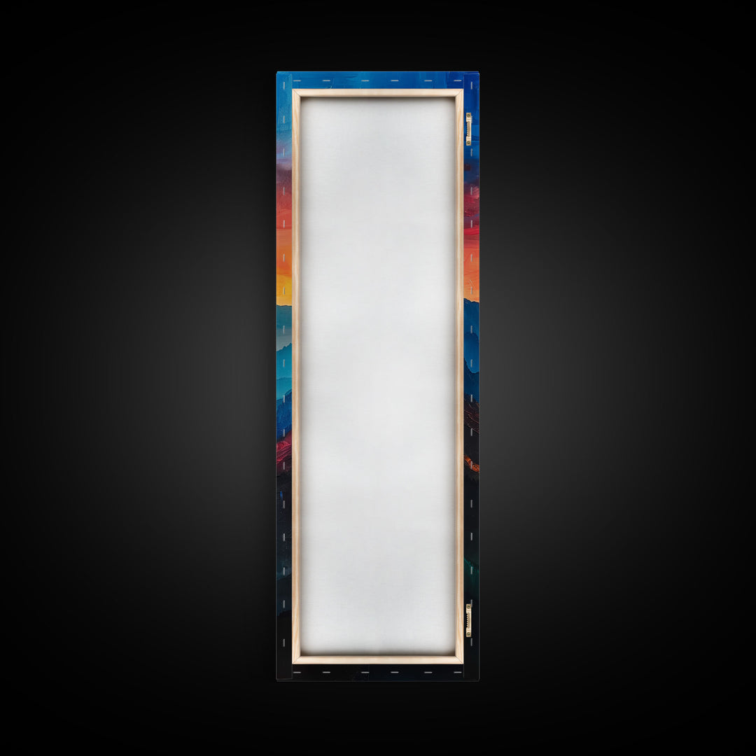 Sunset Over The Mountain Valley Framed Canvas Print - Colorful Wall Art - Midcentury Modern Style Art - Modern Decor - Abstract Landscape Painting - Tall Art