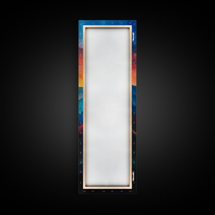 Sunset Over The Mountain Valley Framed Canvas Print - Colorful Wall Art - Midcentury Modern Style Art - Modern Decor - Abstract Landscape Painting - Tall Art