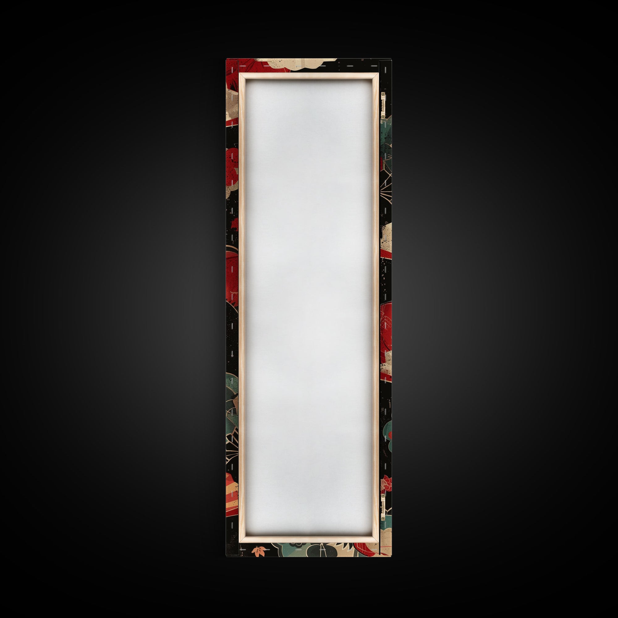 Japanese-Inspired Fan Art in Bold Red and Cream Accents on Tall Vertical Canvas Print Featuring Elegant Floral Design