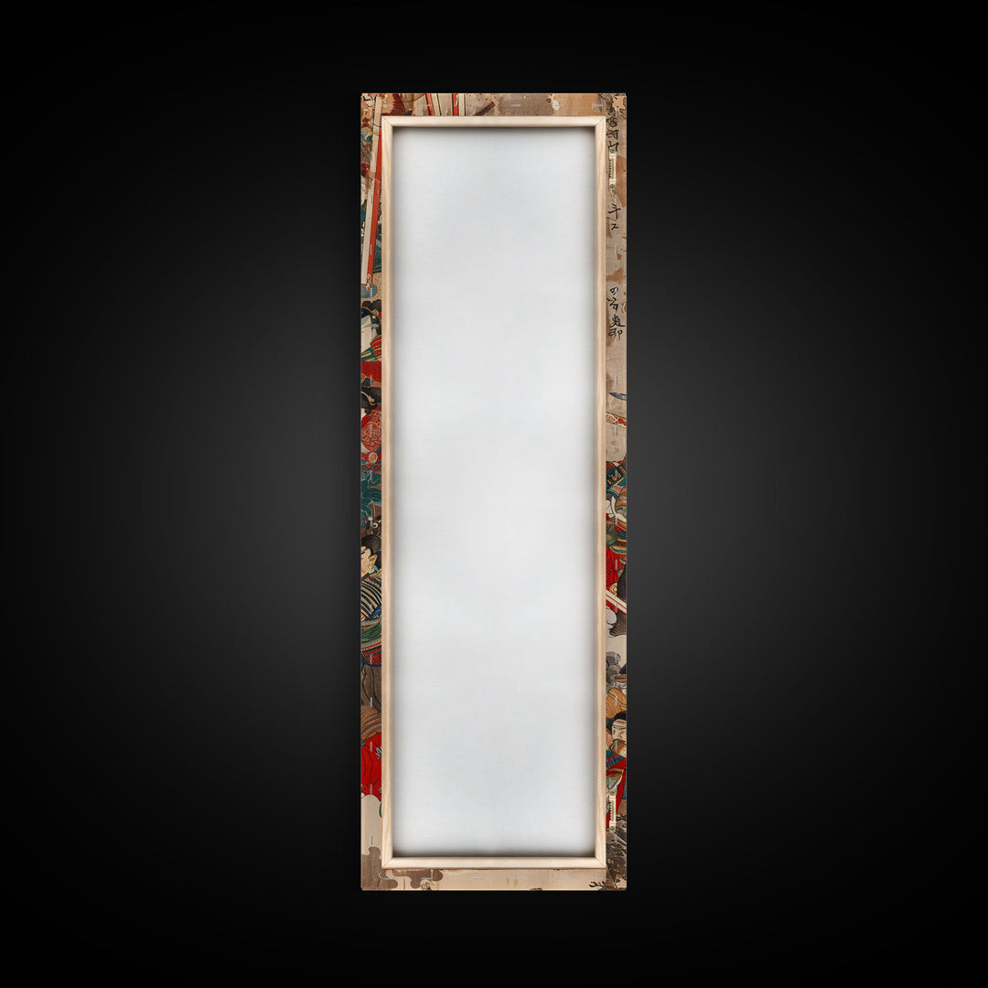 Samurai Warriors in Battle – Traditional Japanese Skinny Art with Historic Details – Framed Canvas Print