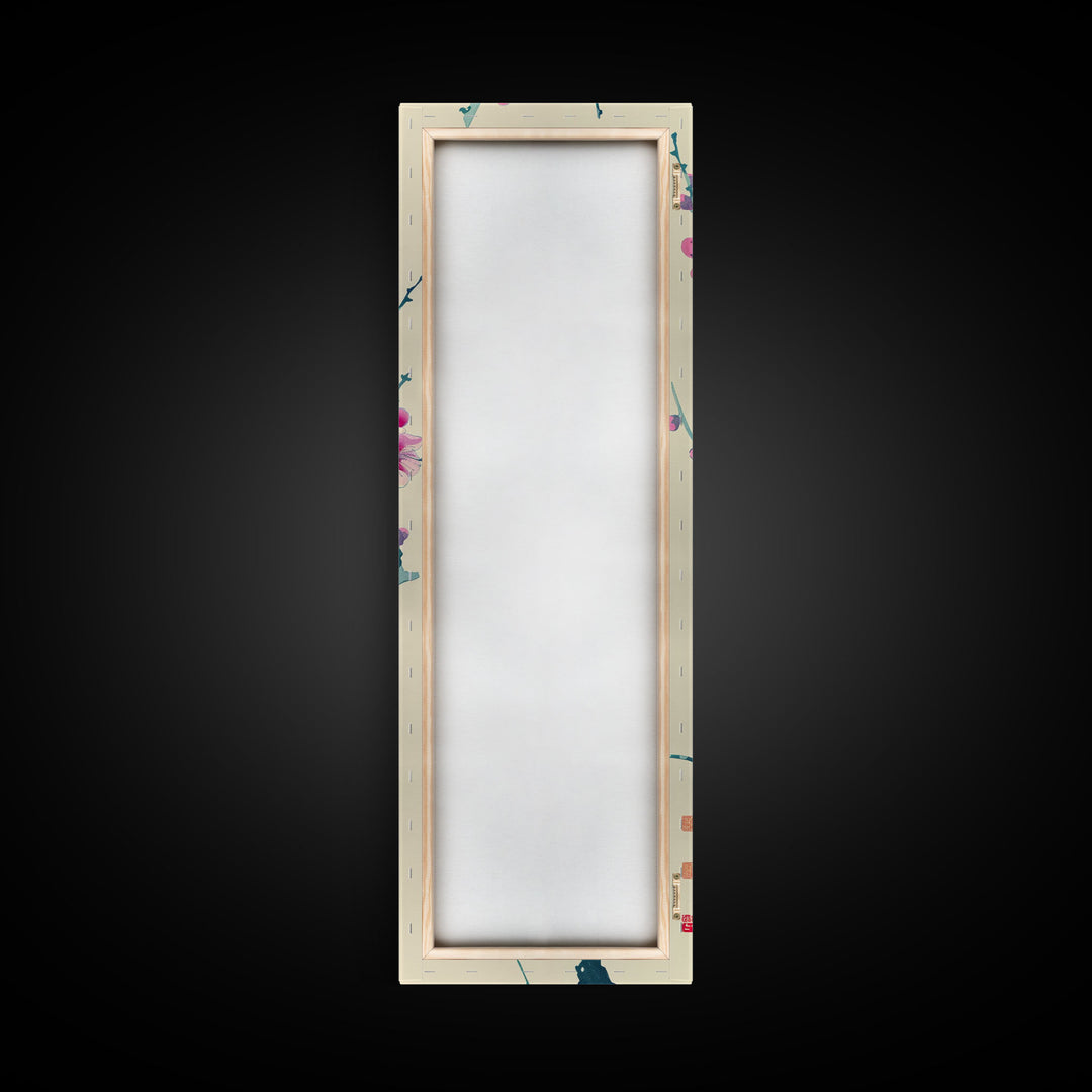 Plum Blossom Branch in Japanese Skinny Art with Delicate Pink Flowers – Framed Canvas Print