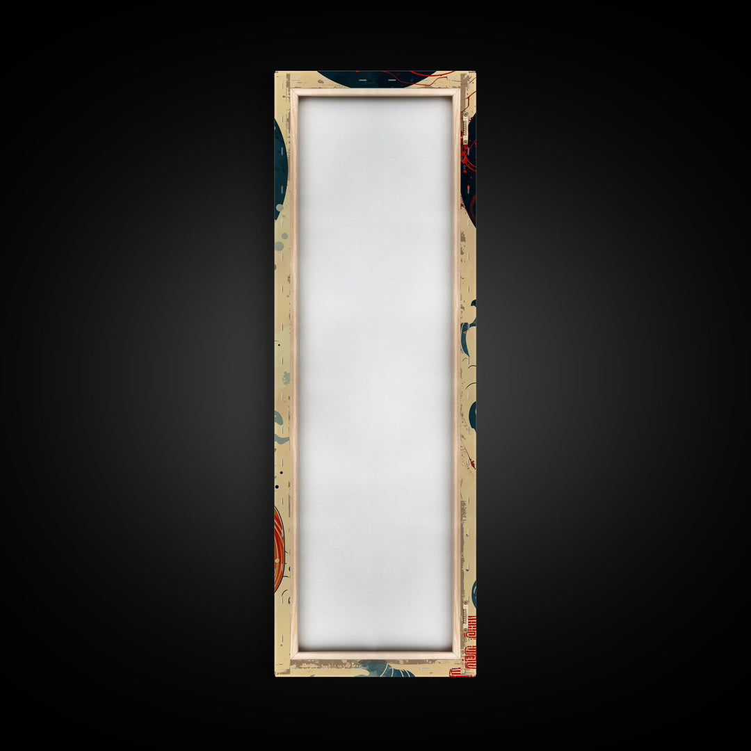 Vibrant Koi Fish Swimming Toward the Moon Skinny Art Ukiyo-e Tall Framed Canvas Print with Japanese Mythology Elements