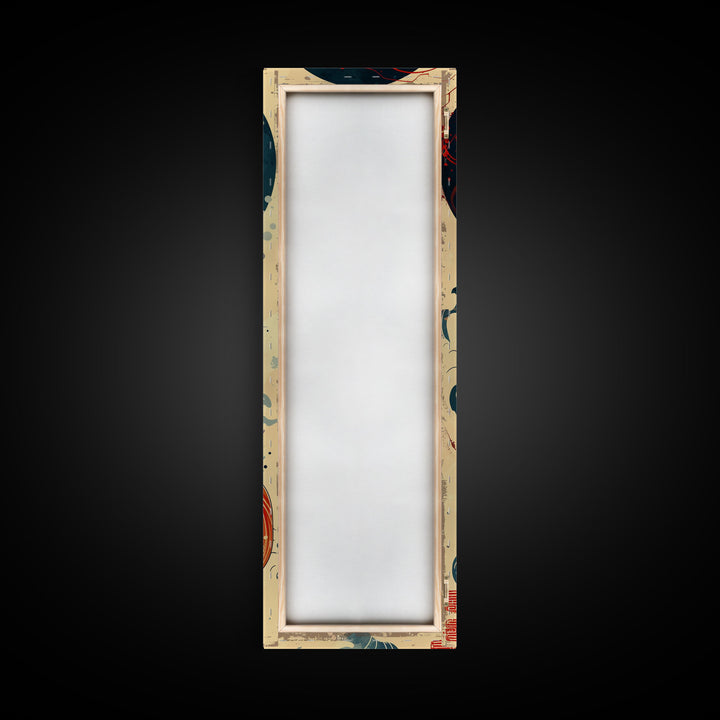 Vibrant Koi Fish Swimming Toward the Moon Skinny Art Ukiyo-e Tall Framed Canvas Print with Japanese Mythology Elements