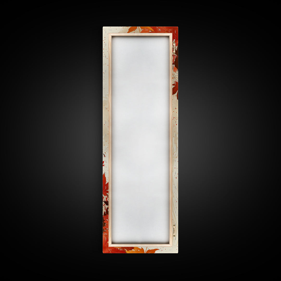 Skinny Art Autumn Leaves In Japanese Style Wood Block Print Warm Red And Orange Tones On Framed Canvas Print, Tall Art Ukiyo-e