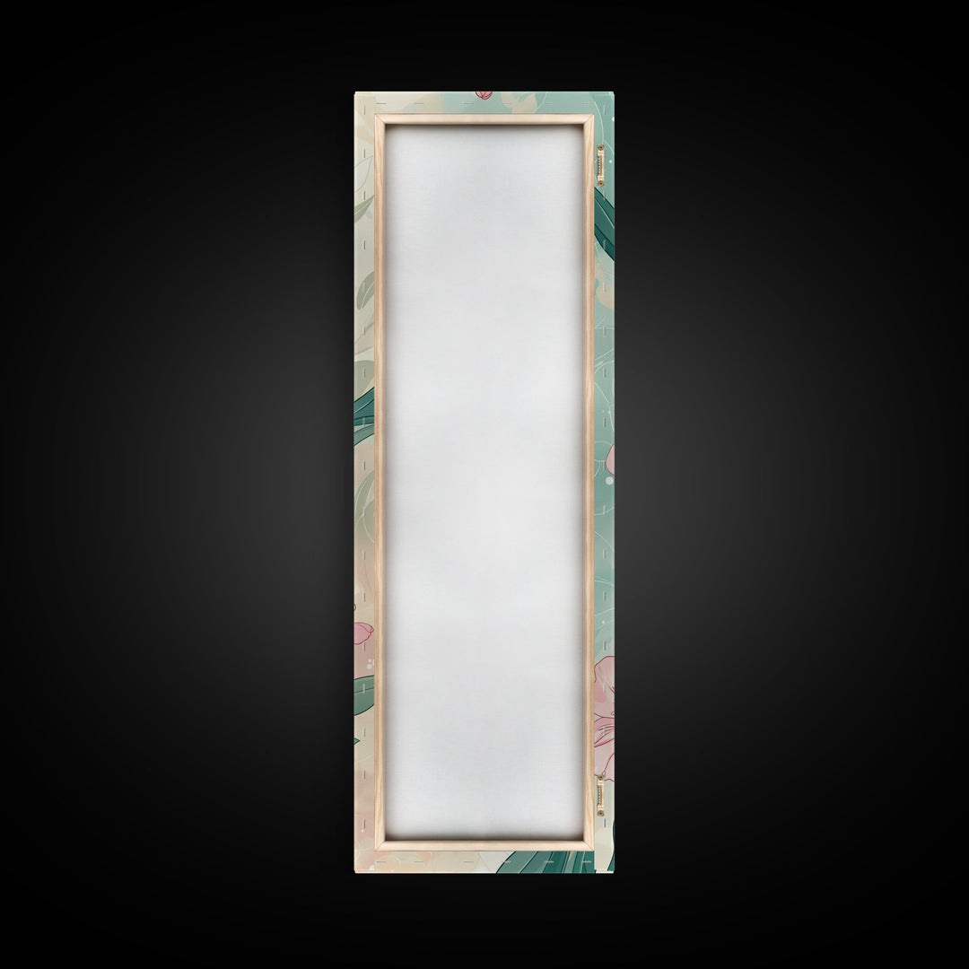 Skinny Art Pink Oleander Flowers In Japanese Style Wood Block Print Elegant Pastel Hues On Framed Canvas Print, Tall Art Ukiyo-e