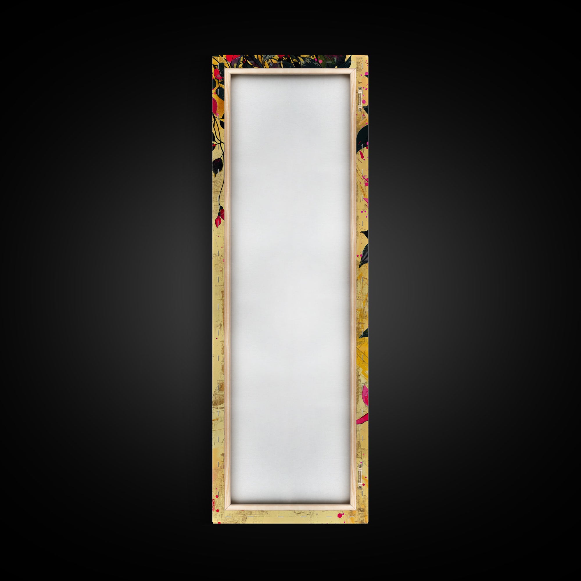 Skinny Art Tall Art Framed Canvas Print Bold Fuchsia Flowers In Dynamic Composition Over A Vibrant Yellow Background Ukiyo-e Japanese Style Art