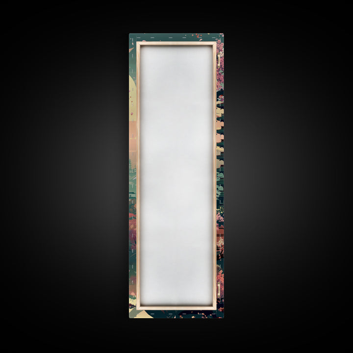 Japanese Pagoda Among Sakura Trees Under Yellow Moon Tall Art Skinny Art Framed Canvas Print Japanese Style Art Ukiyo-e Wood Block Print