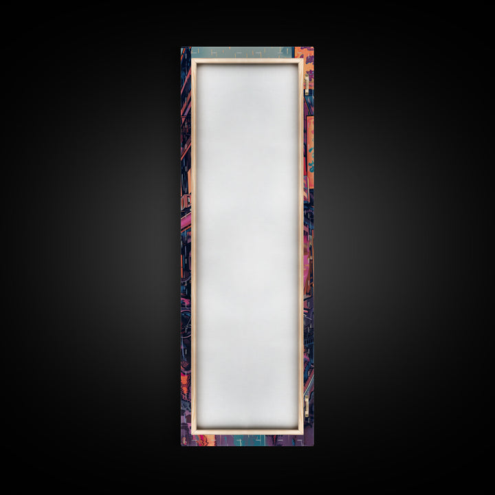 Vibrant Cityscape With Colorful Street Signs Skinny Art Tall Art Framed Canvas Print Japanese Style Art Ukiyo-e Art Wood Block Print Urban Energetic