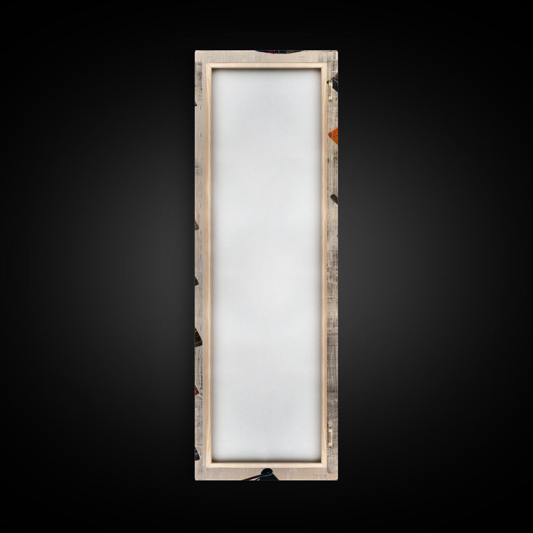 Seven Japanese Fans In Various Colors Arranged Vertically On A Textured Background, Skinny Art Tall Wall Art Framed Canvas Print Japanese Style Art