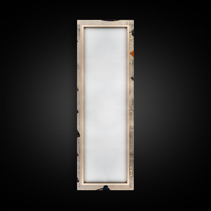 Seven Japanese Fans In Various Colors Arranged Vertically On A Textured Background, Skinny Art Tall Wall Art Framed Canvas Print Japanese Style Art