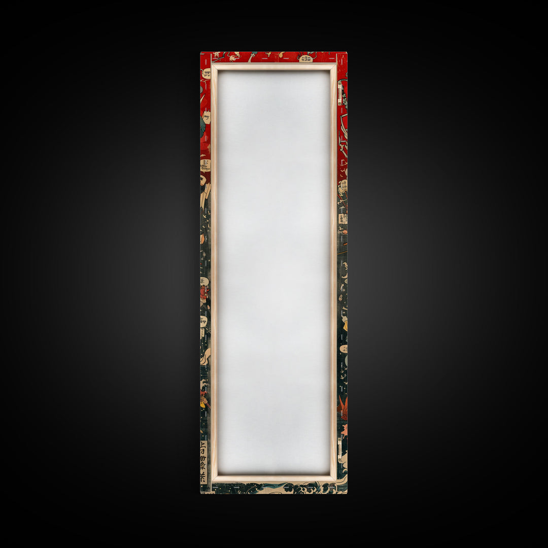 Complex Samurai Battle Scene With Mythical Creatures Framed Canvas Print Ukiyo-e Wall Art Wood Block Print Tall Art Japanese Style Skinny Art