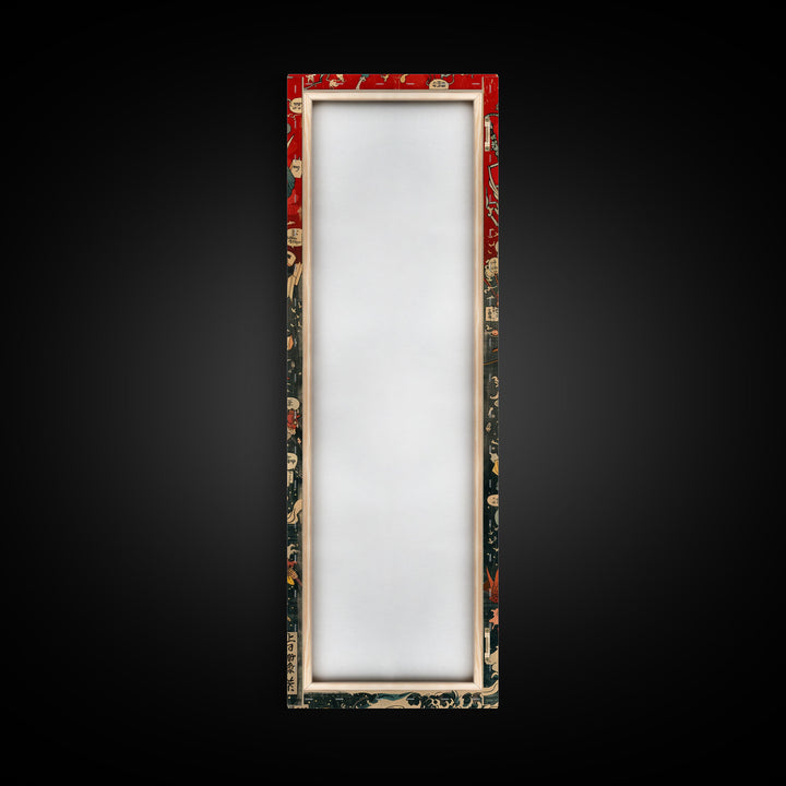 Complex Samurai Battle Scene With Mythical Creatures Framed Canvas Print Ukiyo-e Wall Art Wood Block Print Tall Art Japanese Style Skinny Art