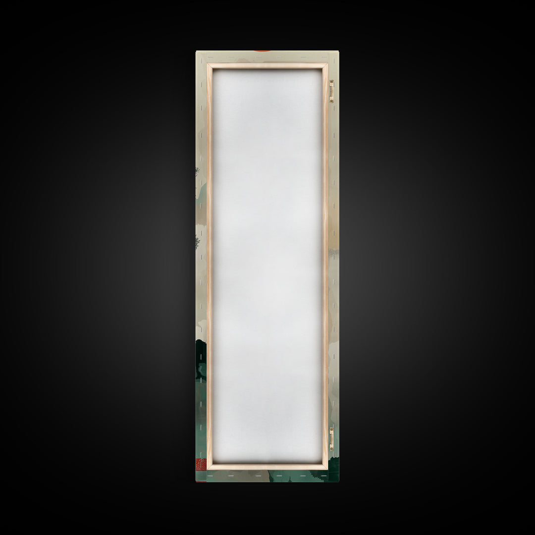 Bonsai Tree Mountain Red Sun Japanese Tall Wall Art Skinny Framed Canvas Print Ukiyo-e Style