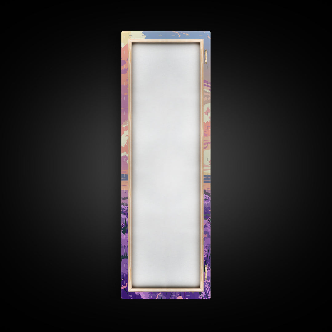 Expansive Lavender Field Beneath a Dramatic Cloudy Sky in Warm Pastel Hues Ukiyo-e Art Japanese Framed Canvas Print Skinny Tall Art
