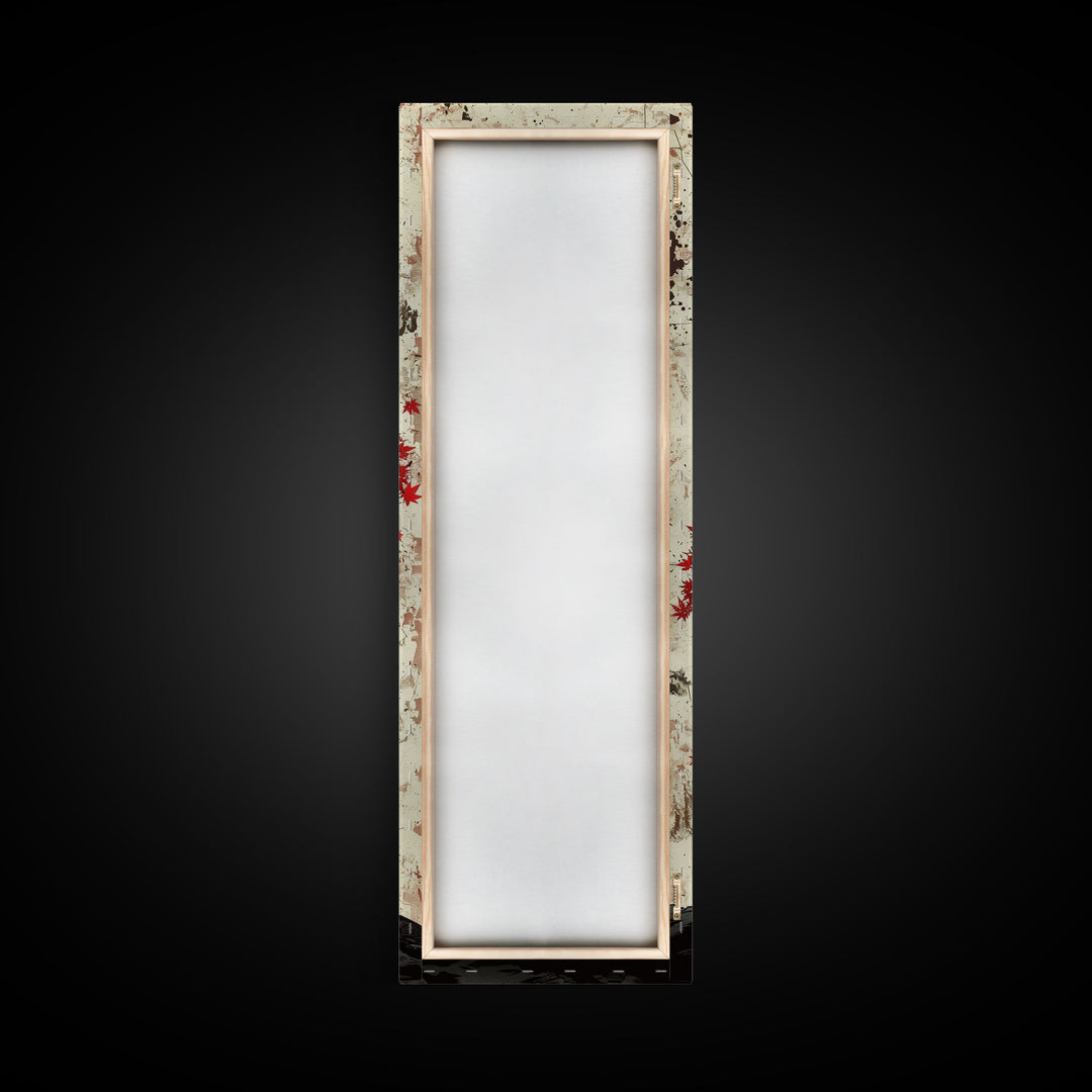 Red Maple Bonsai Tree Japanese Art Skinny Wall Art Framed Canvas Print with Windswept Branches and Red Leaves