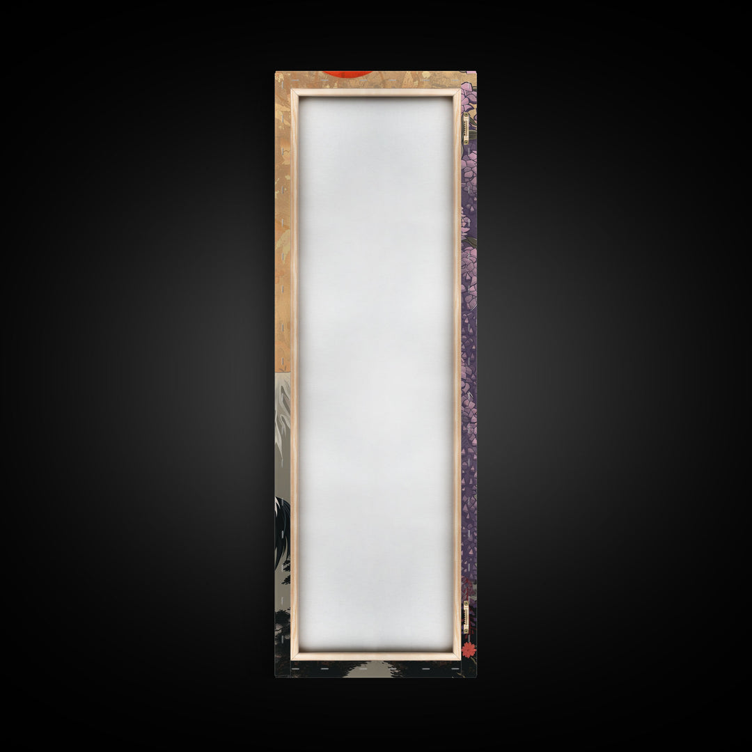 Japanese Crane Skinny Wall Art Framed Canvas Print in a Garden with Wisteria Flowers and Mount Fuji in the Background