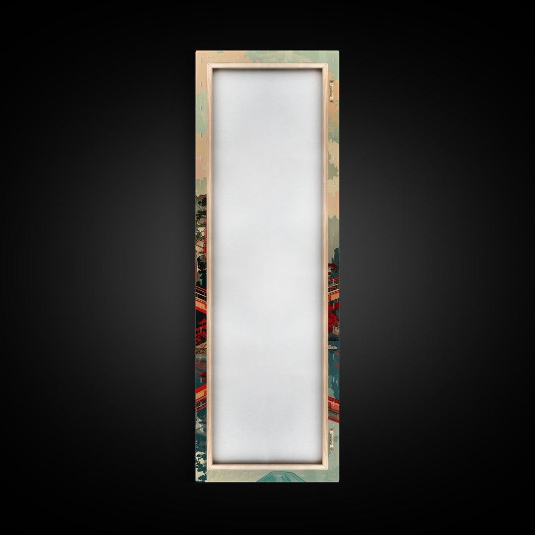 Stunning Mount Fuji With Red Bridge Reflection, Skinny Tall Framed Canvas Print, Feng Shui-Inspired Japanese Style Art For Wall Art