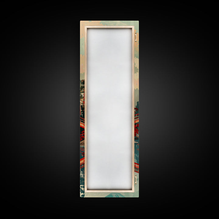 Stunning Mount Fuji With Red Bridge Reflection, Skinny Tall Framed Canvas Print, Feng Shui-Inspired Japanese Style Art For Wall Art