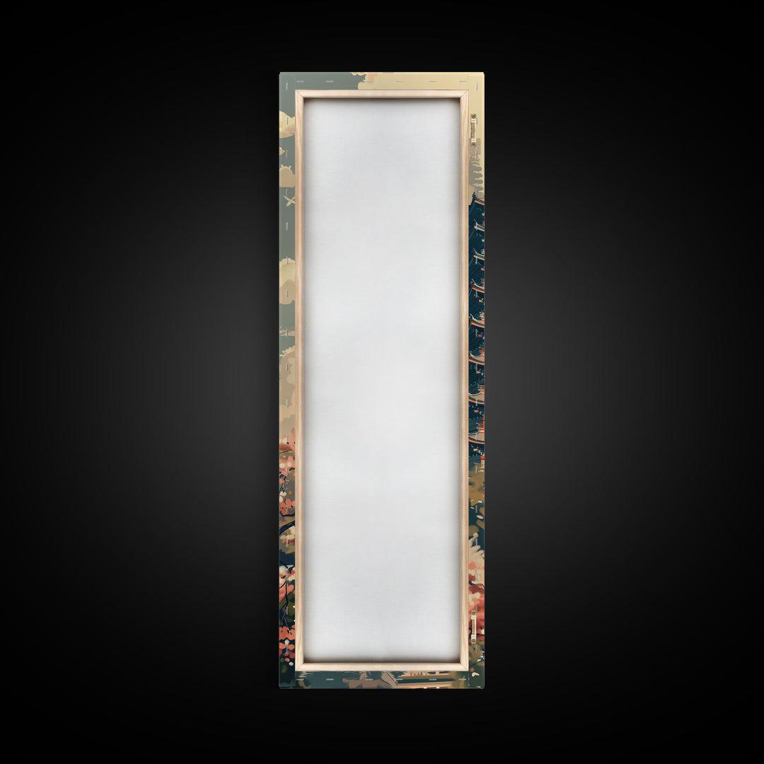 Japanese Pagoda With Mt Fuji And Cherry Blossoms – Framed Canvas Print Featuring Skinny Art Tall Art, Highlighting Ukiyo-E Art And Japanese Style Art