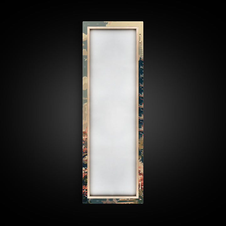 Japanese Pagoda With Mt Fuji And Cherry Blossoms – Framed Canvas Print Featuring Skinny Art Tall Art, Highlighting Ukiyo-E Art And Japanese Style Art