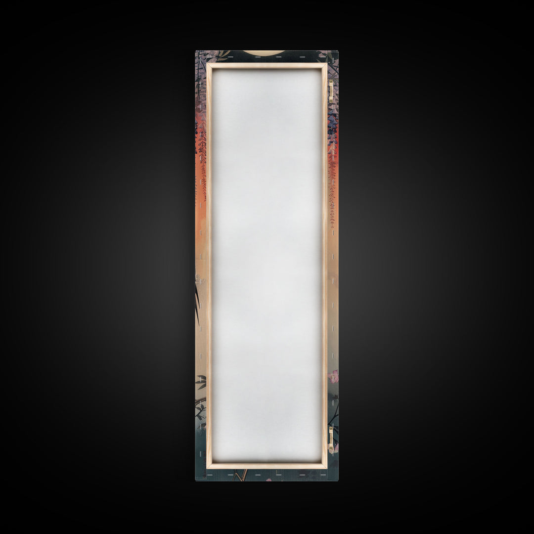 Japanese Crane With Moon And Wisteria - Skinny Art Tall Art Framed Canvas Print Japanese Style Art Ukiyo-e Art