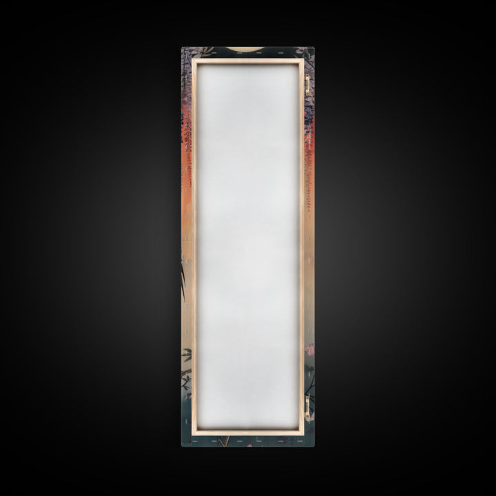 Japanese Crane With Moon And Wisteria - Skinny Art Tall Art Framed Canvas Print Japanese Style Art Ukiyo-e Art