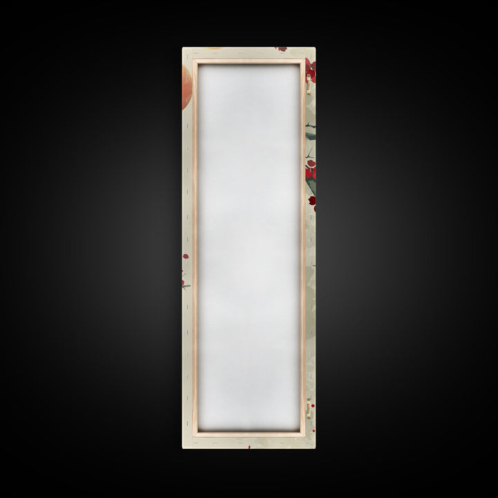 Two Pigeons On Branch With Red Leaves Skinny Art Wood Block Print Japanese Style Art Framed Canvas Print Tall Art Ukiyo-e Art