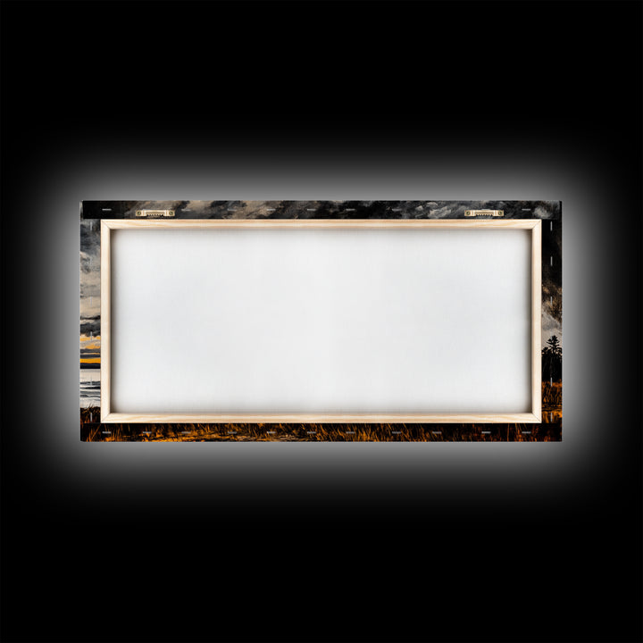 Campfire, forest at dusk painting, smoky mountain art, extra wide art, autumn decor, wabi sabi art, Framed Canvas Print, above couch art