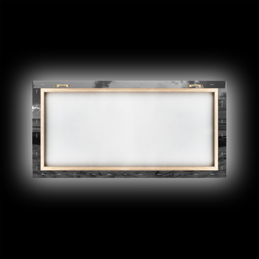 Campfire on Beach Framed Canvas Print | Seascape Painting | Coastal Wall Art | Moody Art | Rustic Decor | Extra Wide Art | Nautical Painting