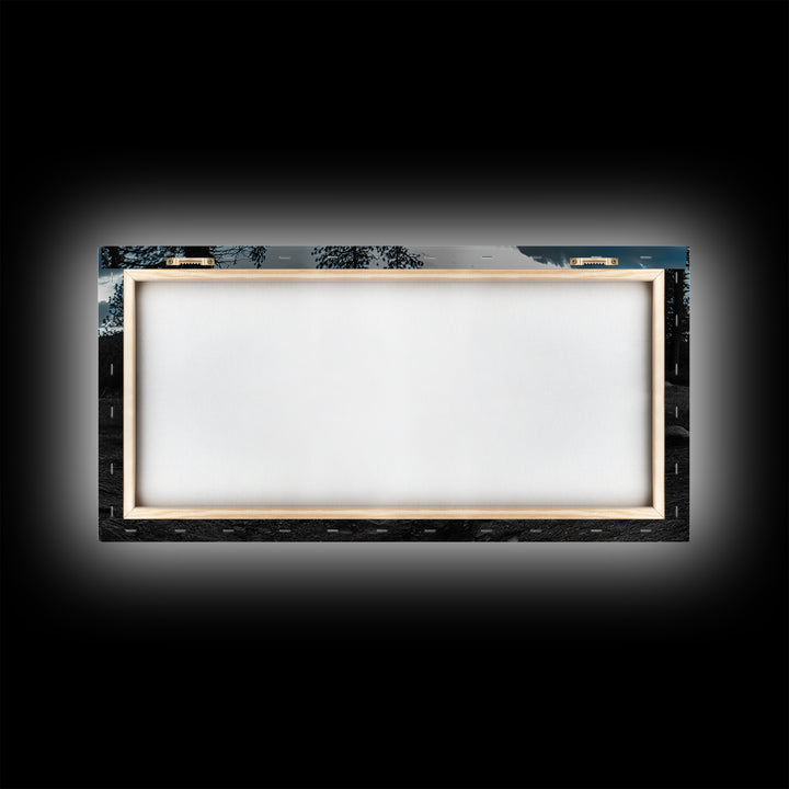 Campfire Under Pine Trees Canvas Print | Forest at Dusk Painting | Rustic Wall Art | Moody Landscape Art | Above Sofa Art | Extra Wide Art