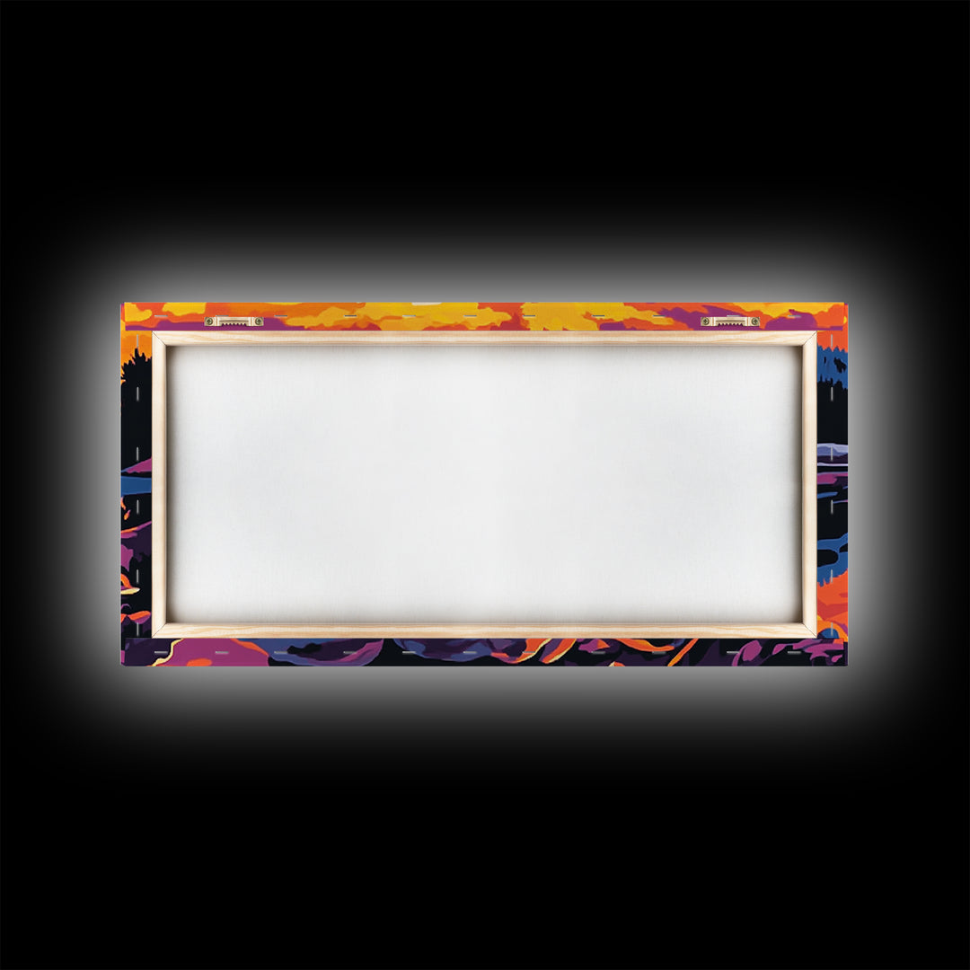 Cast iron pan, outdoor cooking, cowboy camping, rustic kitchen decor, lakeside sunset, nostalgic western art, framed canvas print